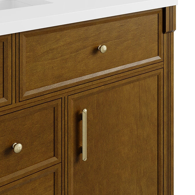 Bellshire 120" W Dual Vanity Set with 24" Make-Up Counter, Honey Oak, Single Faucet, White Zeus