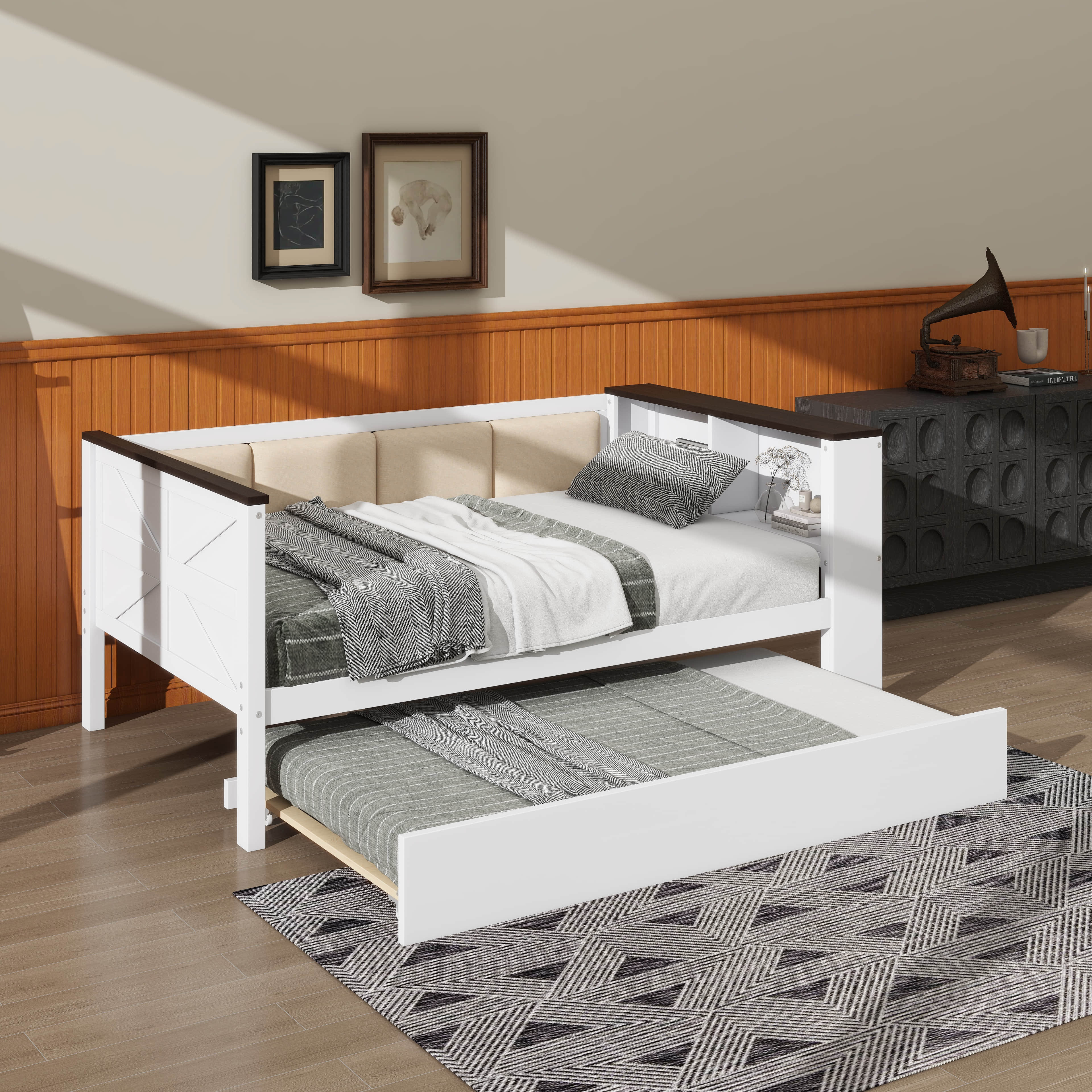 Daybed Boot Rack Latitude Run® Full Size Daybed With Storage Racks, Upholstered Back ...