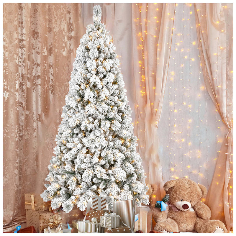 Arbre de Noël floqué avec 450 lumières à DEL blanc chaud - 1060 pointes, PVC enneigé et branches à aiguilles dures, conception à charnières pour une installation facile, support en métal robuste, arbre de vacances complet et réaliste