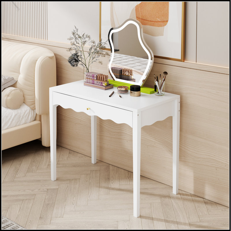 Meuble-lavabo compact 35,43 pouces avec tiroir - table de maquillage élégante avec façade festonnée, poignée dorée et pieds robustes pour les petits espaces
