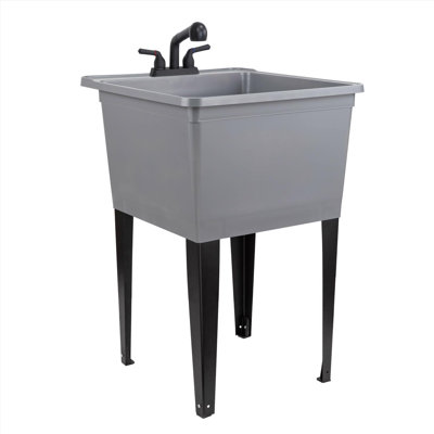 Tehila Standard Freestanding Grey Utility Sink with Black Pull-Out Faucet