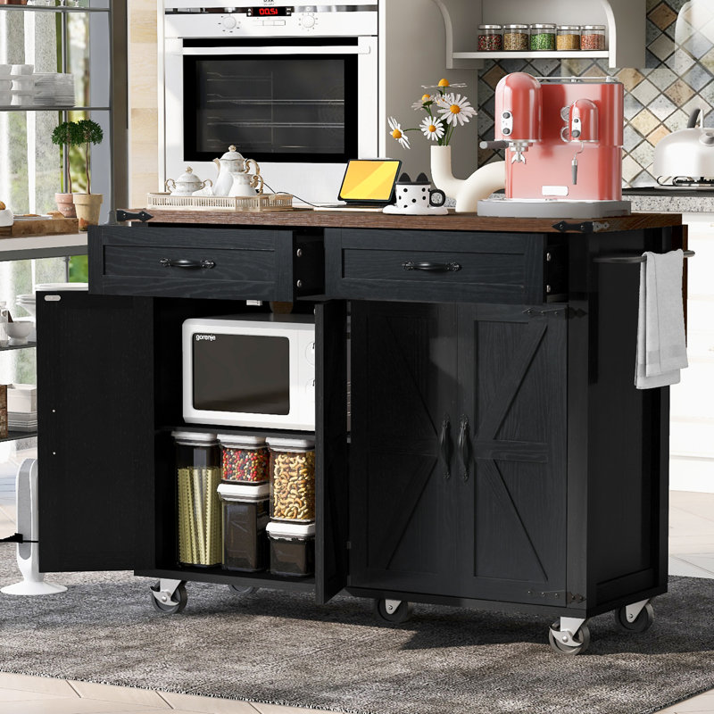 53.5''Farmhouse Kitchen Island With Power Outlet, Black