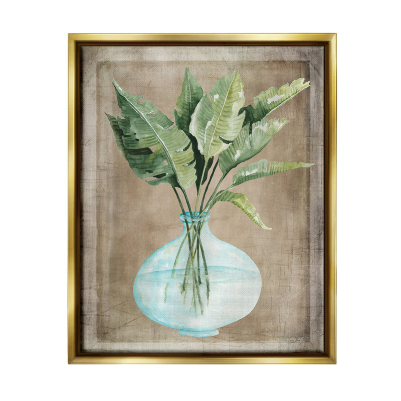 «Green Plant Leaves» dans un vase en verre avec bordure rustique par Cindy Jacobs - peinture sur toile avec cadre flottant