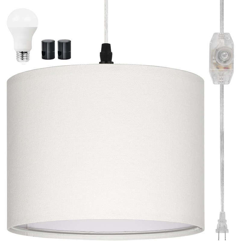 Plug in Pendant Light, Hanging Light with Plug in Cord with Dimmable Switch, Hanging Lamp, White