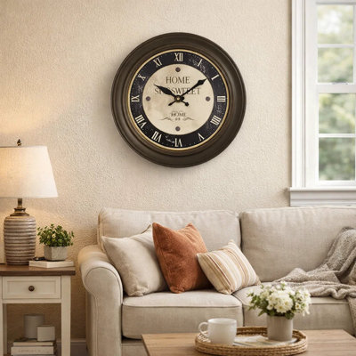 Wall Clock, 16 Inch Round Frame In Antique Brown, Home Sweet Home Dial