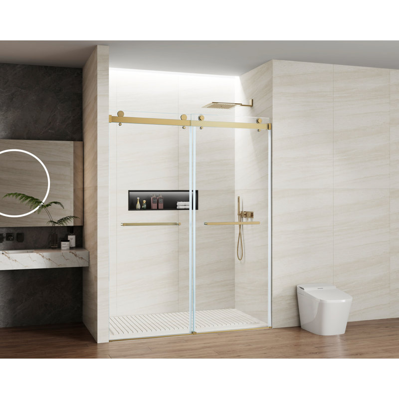 56 à 60 po X 76 po porte de douche coulissante double, 5/16 po verre trempé transparent facile à nettoyer or brossé, Or