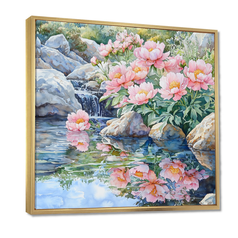 Pivoines près du ruisseau de montagne II - pivoines, art mural, Impression encadrée flottante, H 30 po x l 30 po, Doré