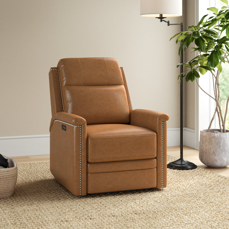 Electric Genuine Leather Power Recliner with Nailhead Trims Built-in USB Port