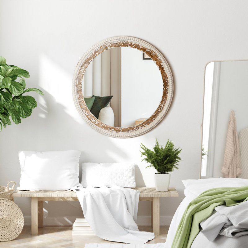 Miroir mural rond en bois manufacturé avec détails perlés, 27 po x 27 po