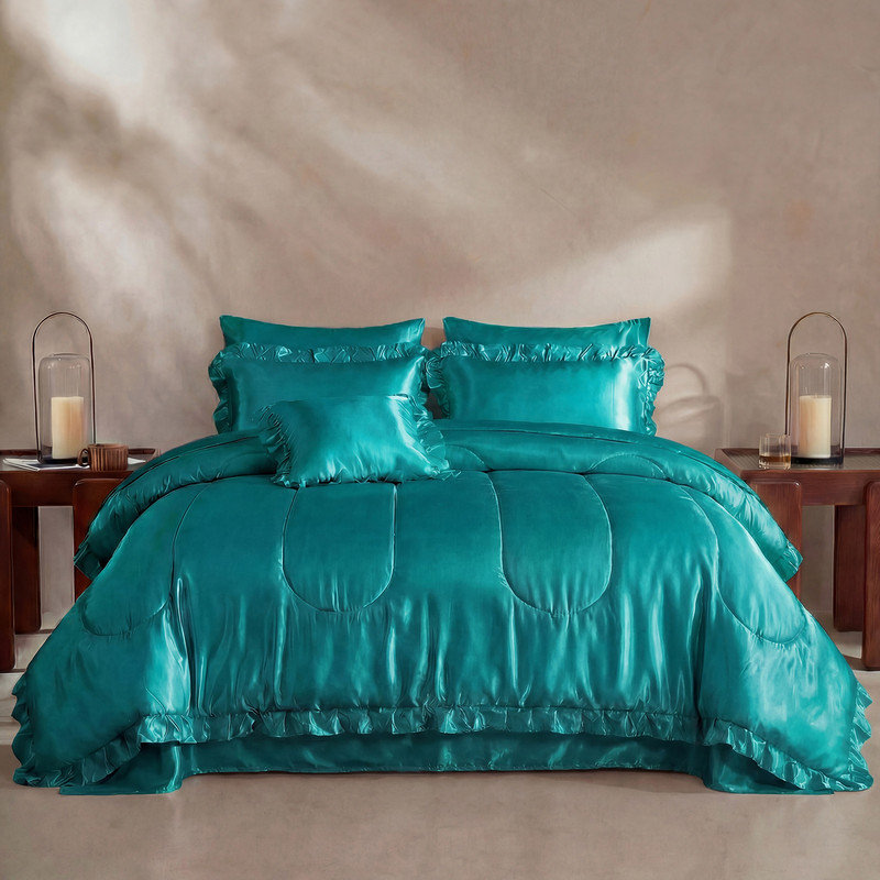 Ensemble d'édredon en satin avec ensemble de draps pour lit très grand 8 pièces Silk Like Peacock Green, Vert paon