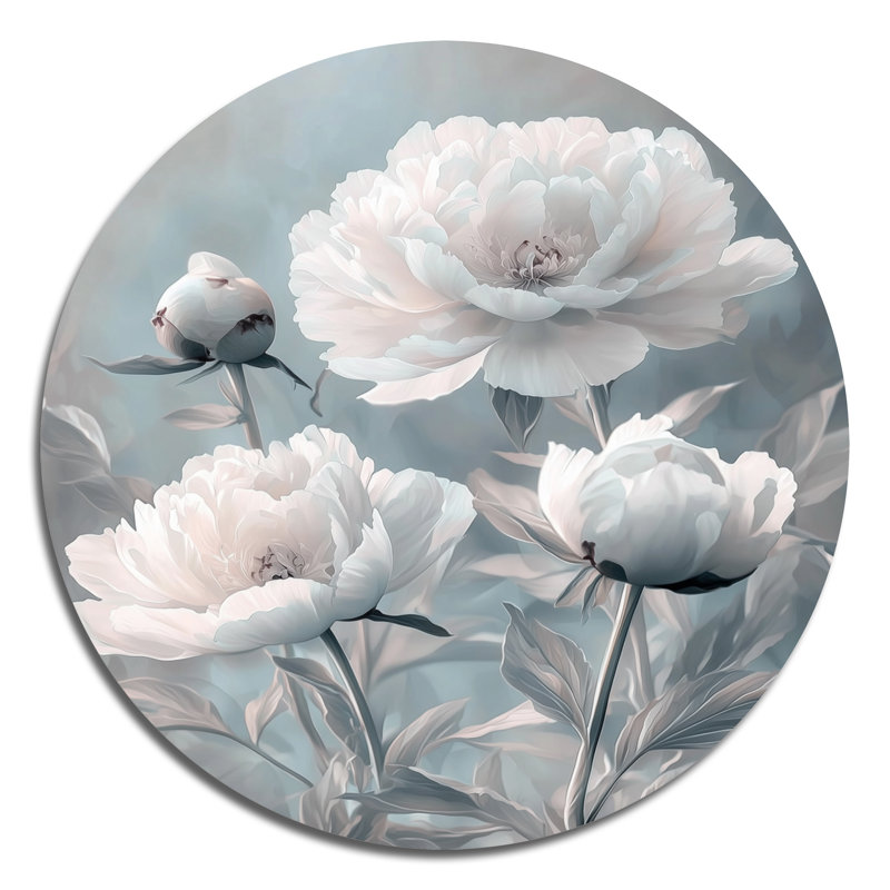 Junellen - pivoines, décoration murale ronde en métal, impression sur métal gris traditionnel, H 23 po x l 23 po