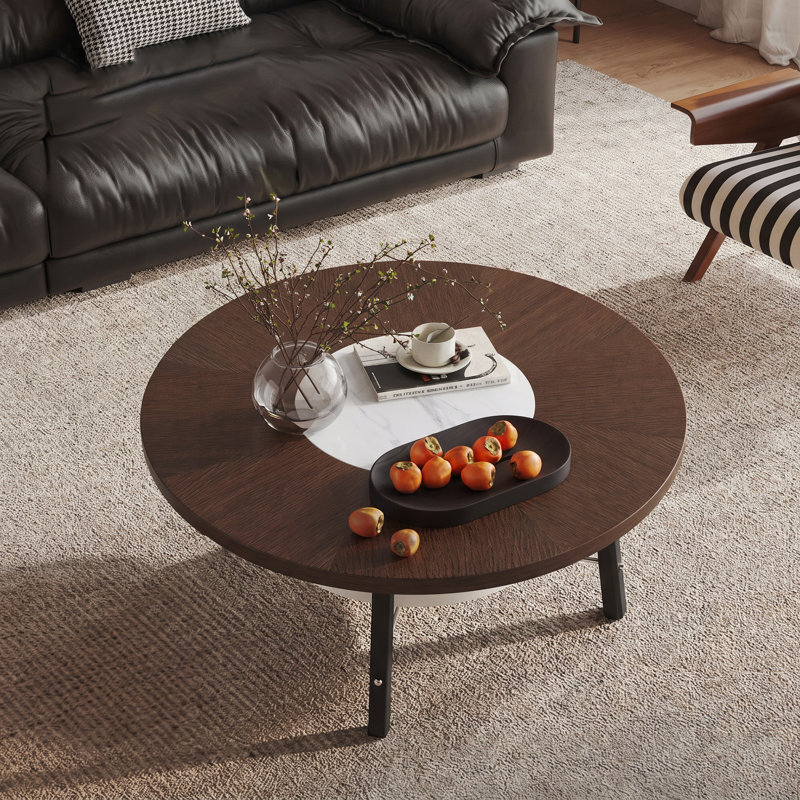 Table basse ronde avec tablette de rangement, incrustation de pierre frittée et pieds en bois massif, table de centre minimaliste moderne pour le salon, assemblage facile