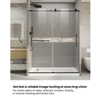 Cascada 56-60" W x 76" H Single Sliding Frameless Shower Door with Stainless Steel Top Rail and Handle,1/4" 6mm Tempered Glass,Matte Black