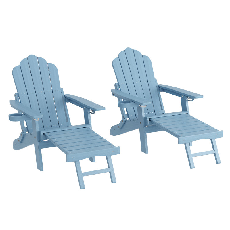 2pcs Folding Adirondack Chair with Retractable Ottoman and Cup Holder Adjustable Adirondack Chair with Footrest Set