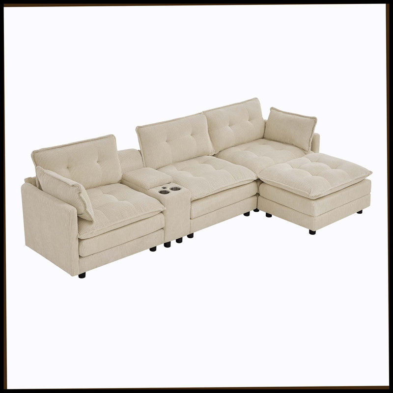 Canapé modulaire surdimensionné en L 119 po en forme de L avec 1 repose-pieds et 1 console multifonctionnelle, canapé rembourré 4 places avec port USB et 2 porte-gobelets, facile à assembler, pour le salon, beige