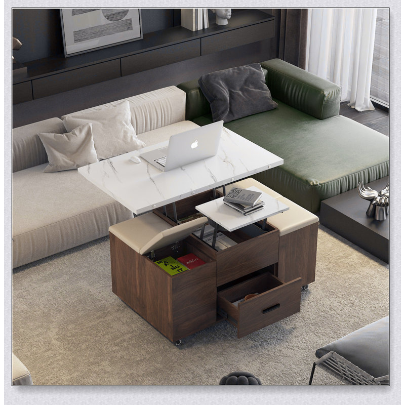 Table basse relevable moderne avec 4 tabourets, table de salle à manger extensible, rangement caché et 2 tiroirs pour un salon peu encombrant
