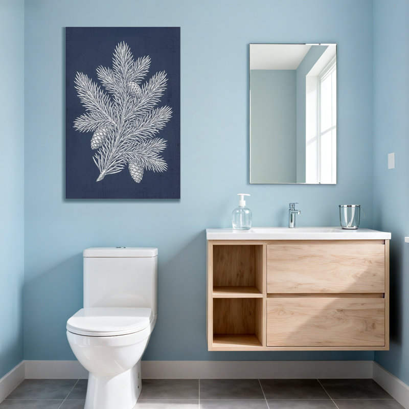 Plantes et fleurs, branche de pin argentée avec pommes de pin sur fond bleu marine, H 18 po x l 12 po