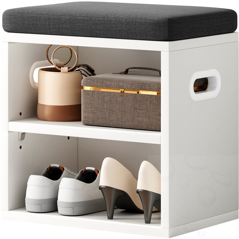 Small Cushion Shoe Bench With Shoe Rack, Gray, White