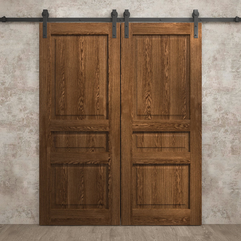 Porte de grange double moderne | Ego 5012 | Ensemble de rail | Portes intérieures solides, 48 po x 84 po, Chêne cognac