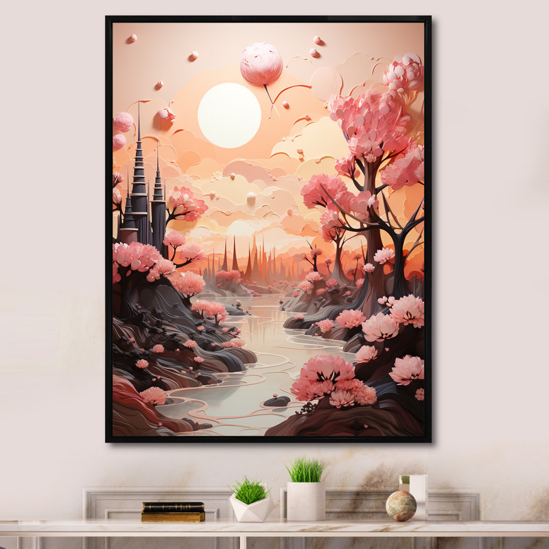 «Skyline Puffy Peach Castle» sur toile, H 32 po x l 16 po x P 1 po, Cadre flottant noir