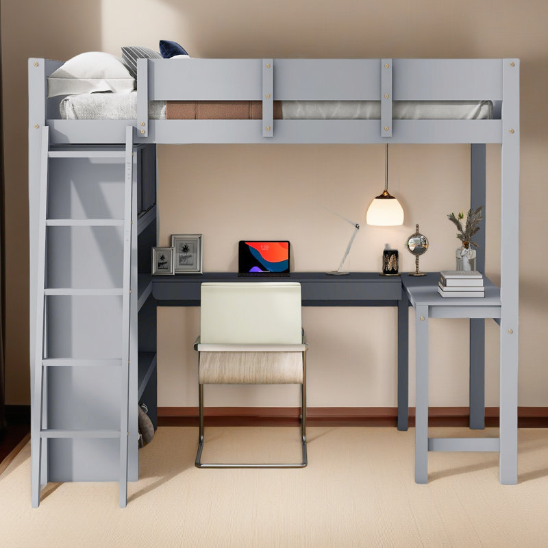 Lit mezzanine double avec bureau et tablette, Grey