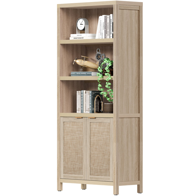 Bibliothèque en rotin d'inspiration bohémienne avec armoire de rangement et tablettes réglables, Naturel, 1