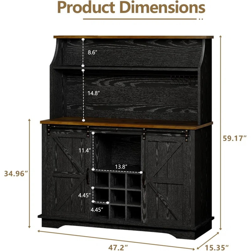 Abrianna 47" Farmhouse Coffee Bar with 3-Tier Storage, Kitchen Hutch with 9 Wine Racks & 3 Glass Holders, Coffee Hutch Cabinet with 6 Hooks, Wine Bar Cabinet for Kitchen, Dining Room, Living Room