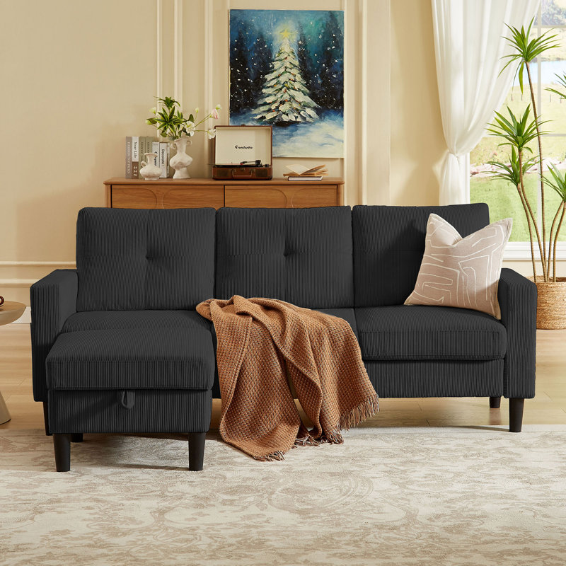 79.14" L Shaped Sofa with Storage Pockets and Reversable Storage Ottoman, Blue