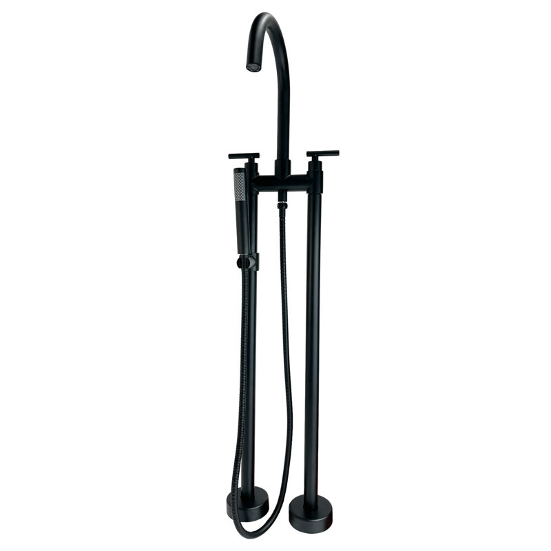 Robinet de baignoire sur pied à poignée double avec douchette Saturn, Noir mat, Poignée standard