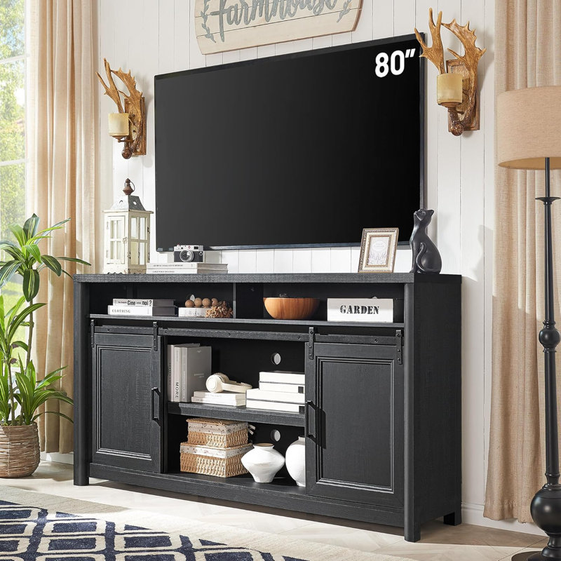 70" W Farmhouse Black TV Stand, Black