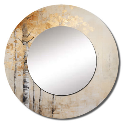 Roxine Beige And Gold Minimalism Forest I - Forest Mirror, Beige Round Unique Wall Mirror, Printed Metal Art
