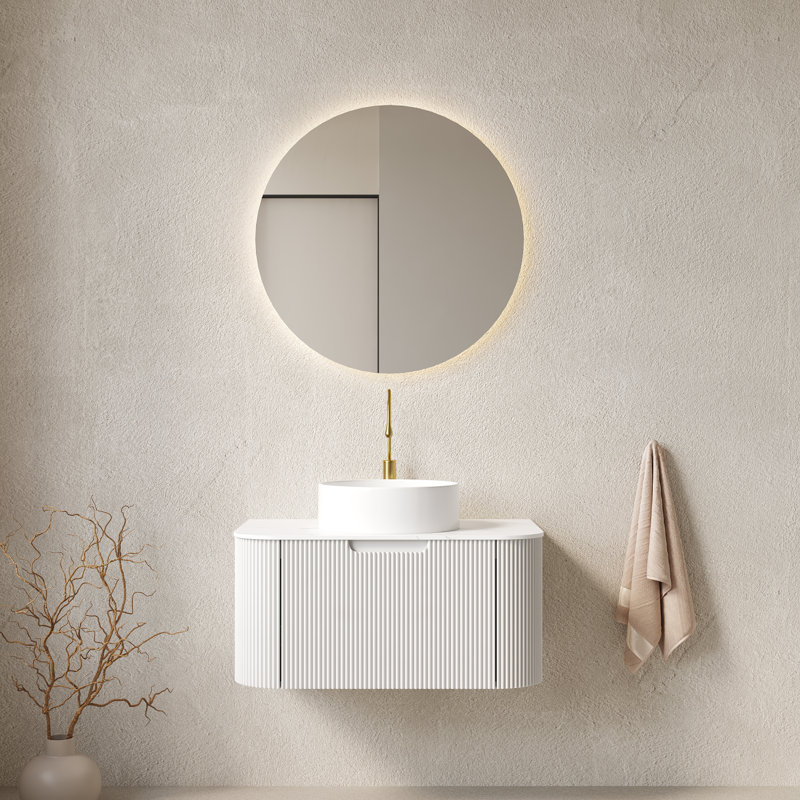 Meuble-lavabo de salle de bain avec lavabo, armoire murale, rebords courbés, lavabo en céramique, tiroir de rangement