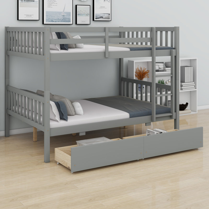 2-In-1 Wood Bunk Bed Convertible To 2 Beds With Drawers Ladder Safety Guardrails, Gray