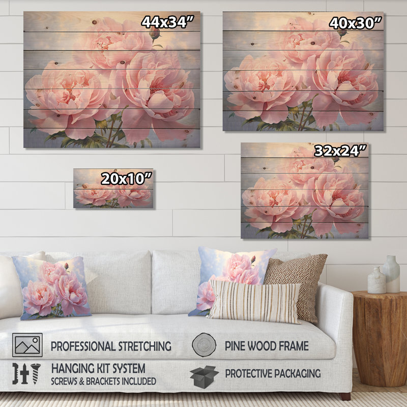 Pivoine rose II, impression sur bois, H 10 po x l 20 po x P 0,78 po