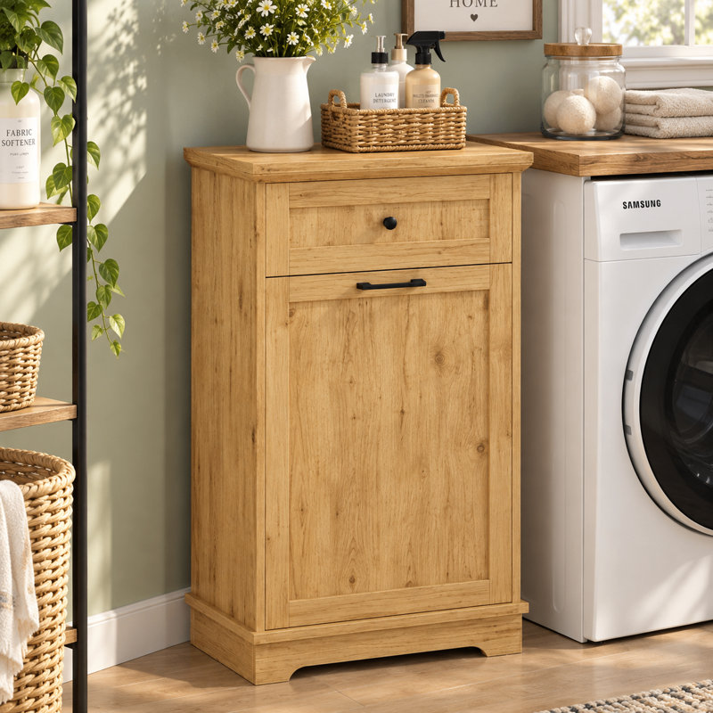 Meuble de poubelle basculant de style champêtre avec tiroir de rangement et support de poubelle dissimulé résistant aux animaux de compagnie pour la cuisine, la buanderie et le salon