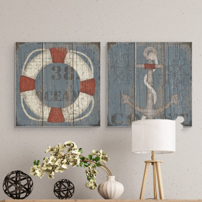 «Coastal Wheel and Coastal Anchor», ensemble de 2 reproductions d'art sur toile tendue