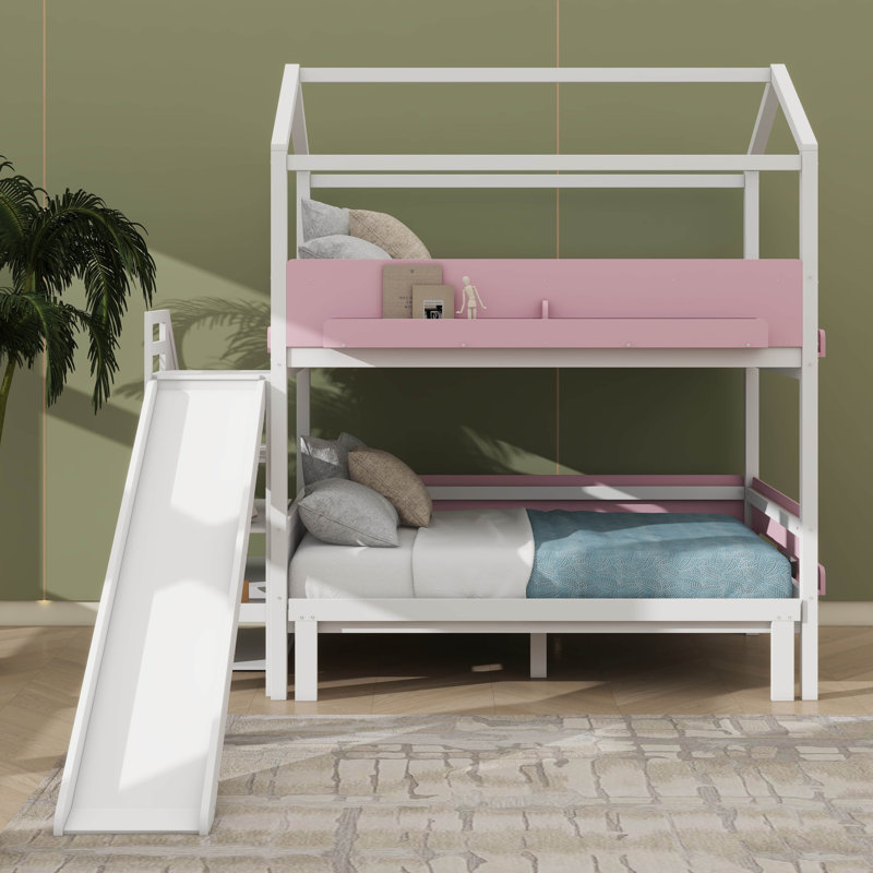 Lit superposé simple au-dessus de simple / double en bois avec glissière et escalier pour le rangement, Blanc / Rose
