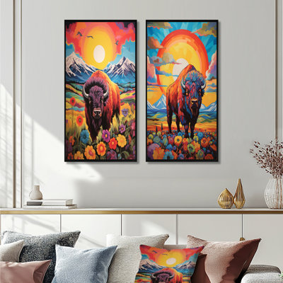 Bison In Floral Mountain Landscape At Sunset I - Buffalo/Bison Animal Wall Art 2 Pieces Set
