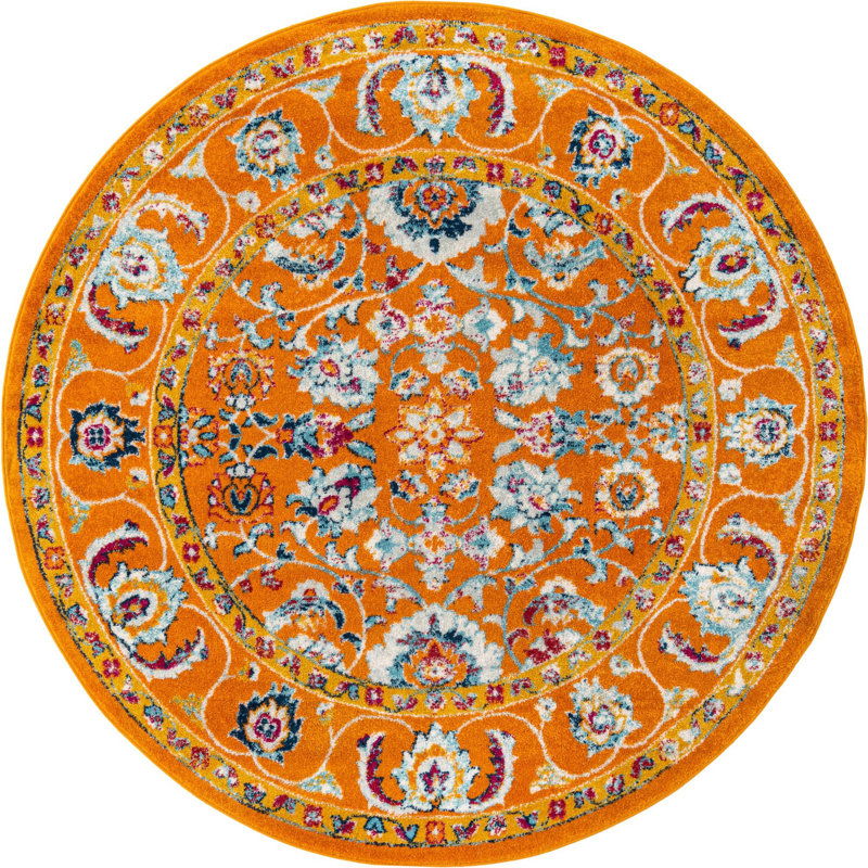 Tapis orange / vert / ivoire tissé à la machine Hilley, Rond 7 pi