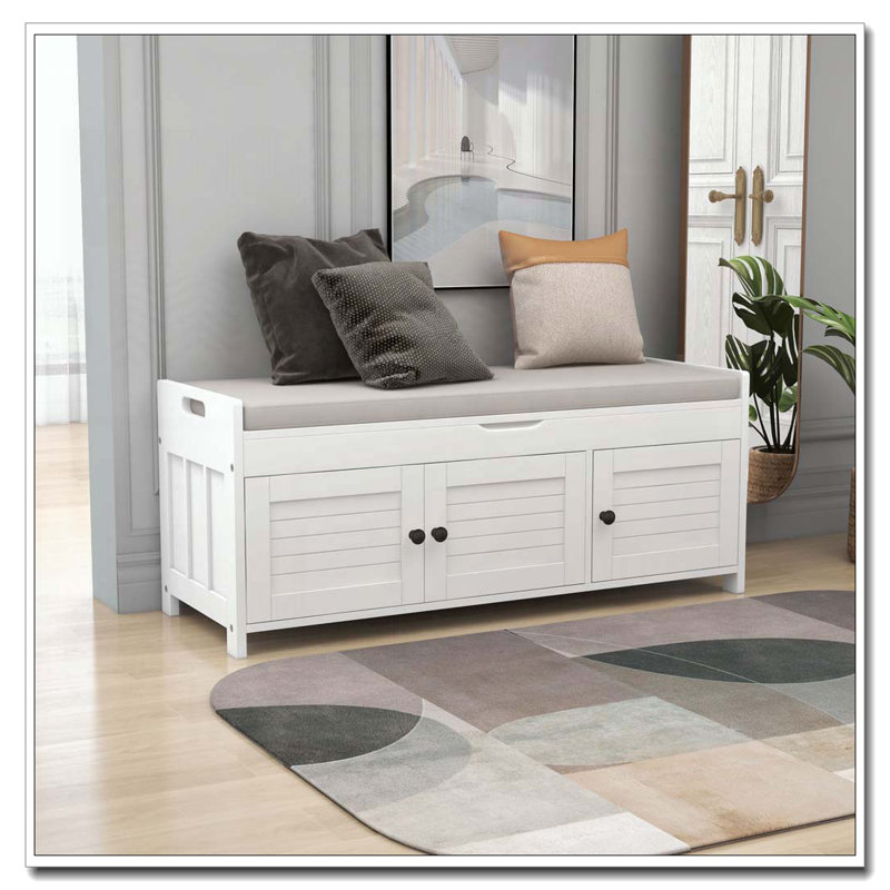 Banc de rangement en bois avec 3 portes en forme de volet, Blanc