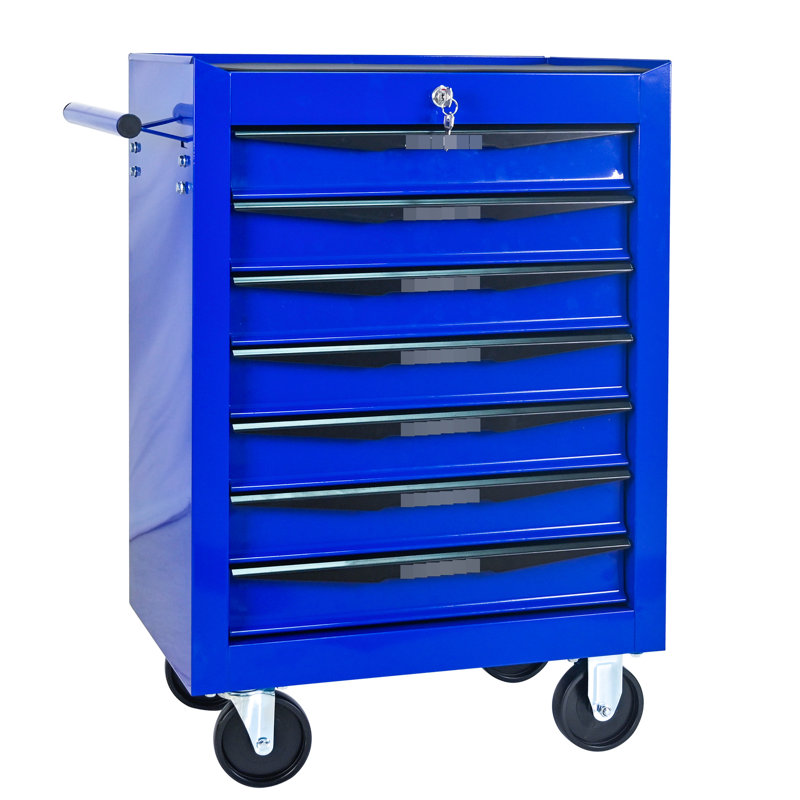 Coffre à outils 20 po 7 po, chariot roulant en acier avec glissières de tiroir à roulement, noir et bleu, verrouillage par clé, 4 roulettes universelles pour le garage, atelier de fabrication en métal, fonction de verrouillage