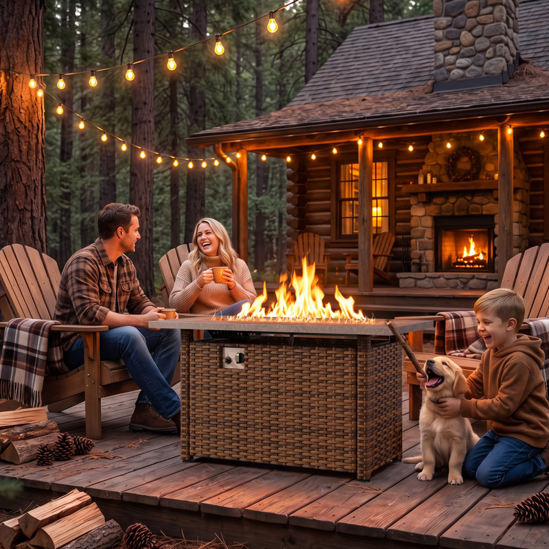 Rectangular Gas Fire Pit Table, PE Wicker with Lid, Glass Stone Top, 50,000 BTU Adjustable Outdoor Heater