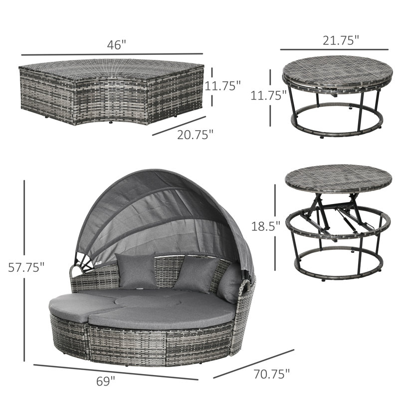 Jazmyne Outsunny 4 Piece Round Rattan Daybed, Convertible Patio Furniture Set, Adjustable Sun Canopy, Sectional Outdoor Sofa, 2 Chairs, Extending Tea Table Ottoman Chair, 3 Pillows, Dark Blue
