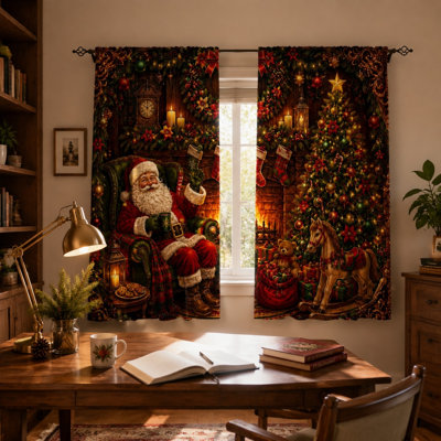 2Pcs Christmas Santa Claus Tree Print Curtains Light Filtering Rod Pocket Window Drapes for Living Room Bedroom Kitchen Outdoor Decor
