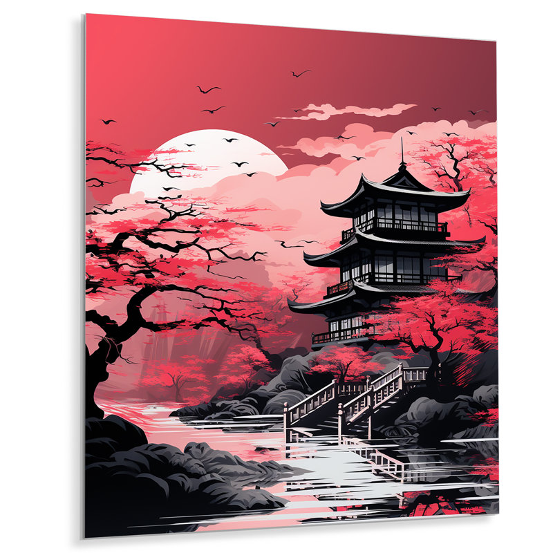 Rose, temple antique de Nippon au Japon - Japon, art mural en métal, H 32 po x l 24 po x P 1 po