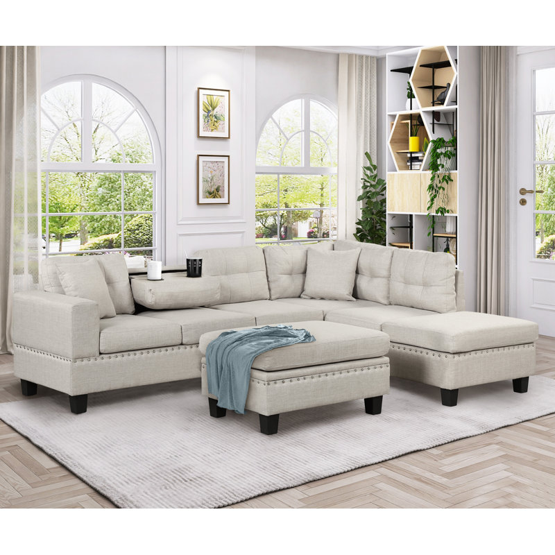 Canapé modulaire en L avec repose-pieds et 2 coussins Ari, Lin gris pâle