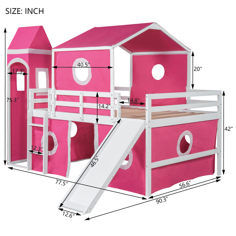 Lit mezzanine double rose avec tour et glissade - éléments uniques, construction, circulation d'air sous la glissade, structure de pin en tente fermée, semi-rangement en dessous
