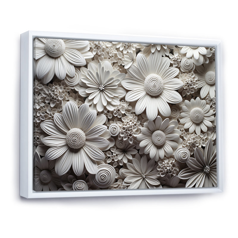 Collage de fleurs saisonnières noir et blanc, Cadre flottant blanc, H 24 po x l 32 po x P 1 po