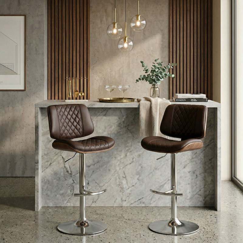 Tabouret de bar de salle à manger pivotant à 360 ° en similicuir avec cadre réglable et repose-pieds (ensemble de 2), Brun, 2