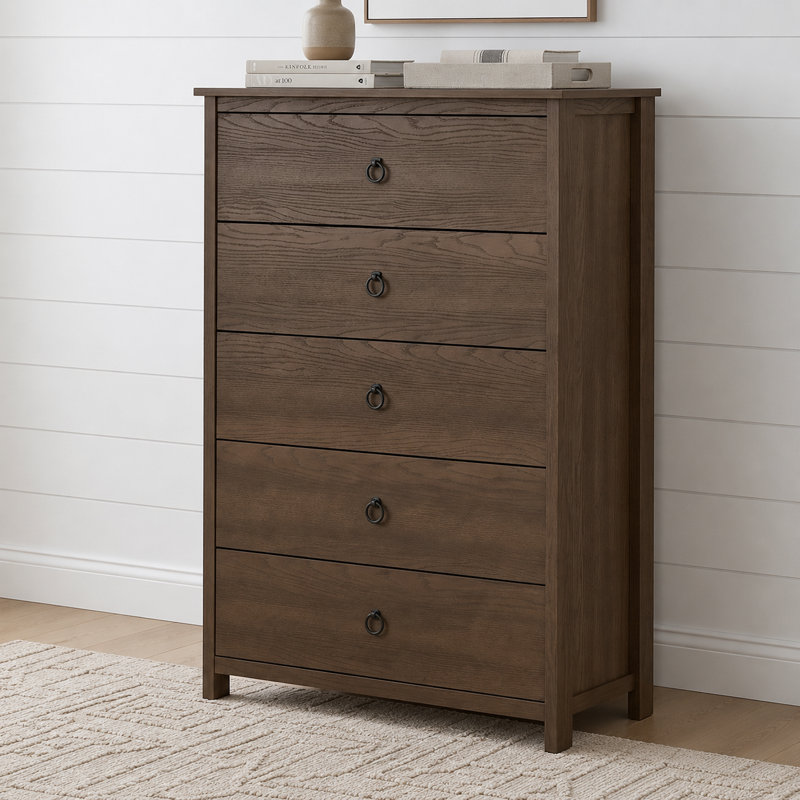 Mucci 31.3" W Solid Wood Transitional Modern Brown 5 Drawer Chest, Dark Brown Oak